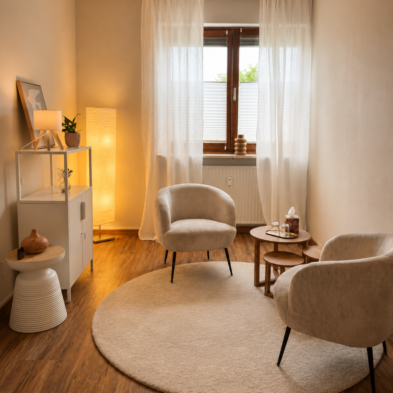 Heller Raum mit zwei beigen Sesseln und warmem Licht am Fenster