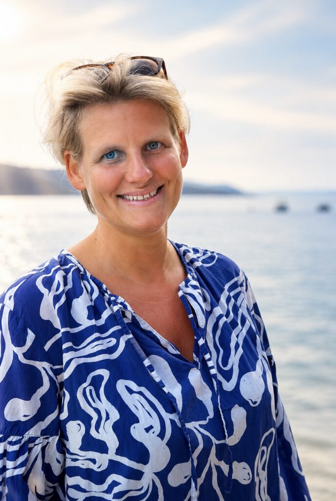 Lachende blonde Frau in blau weißer Bluse mit Brille am Meer